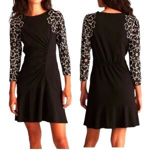 Rebecca Taylor Tai Silk Floral Embroidered Mini Dress With Lace Long Sleeve